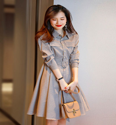 复古格子衬衫连衣裙女2021春秋季新款收腰显瘦长袖a字中长裙潮