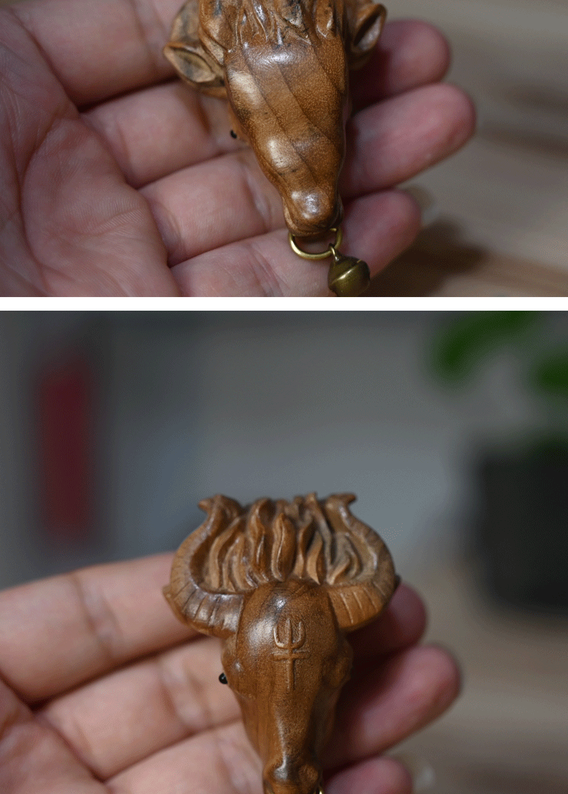 金丝楠木雕刻十二生肖牛文玩手把件个性随身牛头铜铃铛木质工艺品