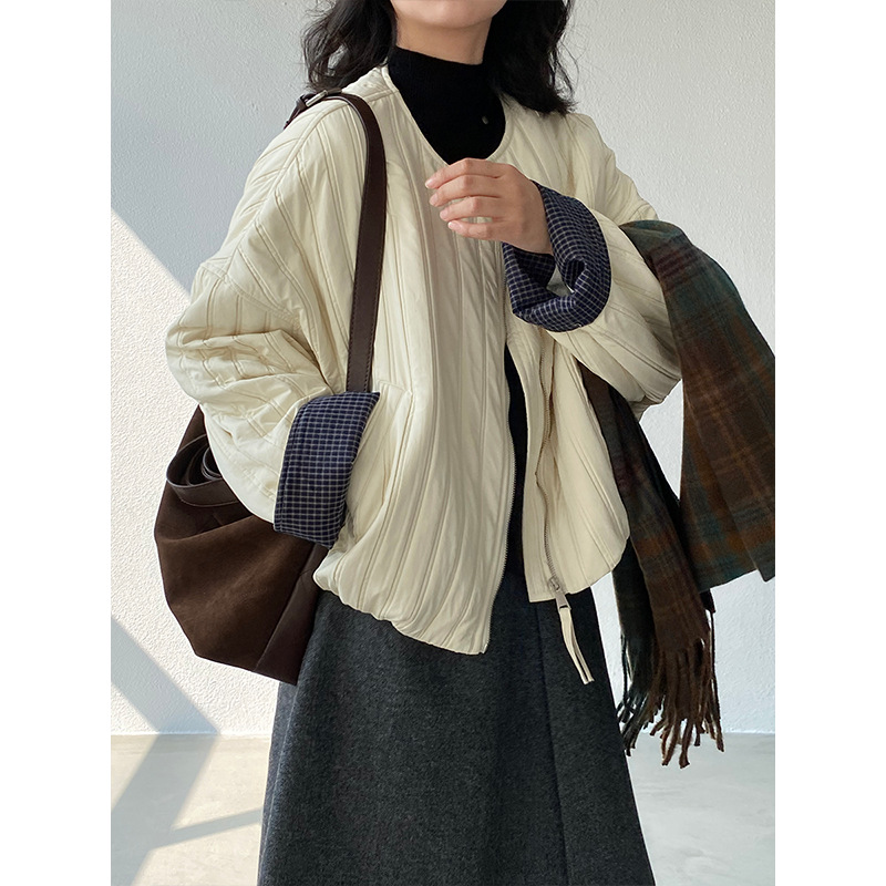 江左 韩系轻薄款棉服外套女撞色百搭短款休闲夹克棉衣25秋冬 1706