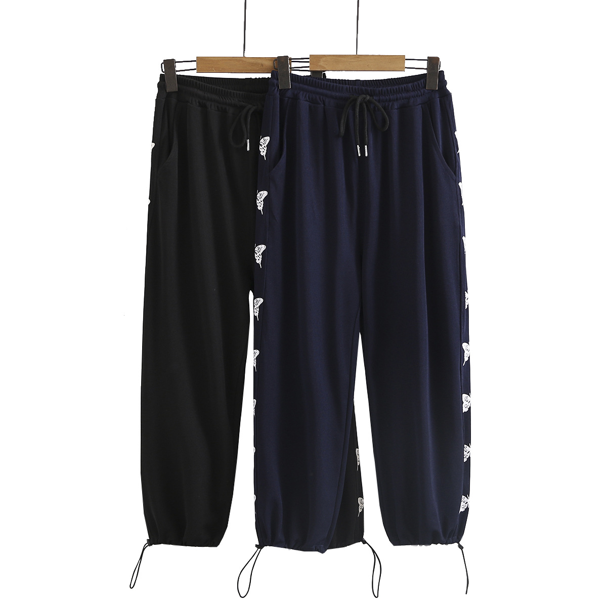大码女装时尚侧边印花蝴蝶束脚休闲裤夏季舒适松紧腰运动裤g9738