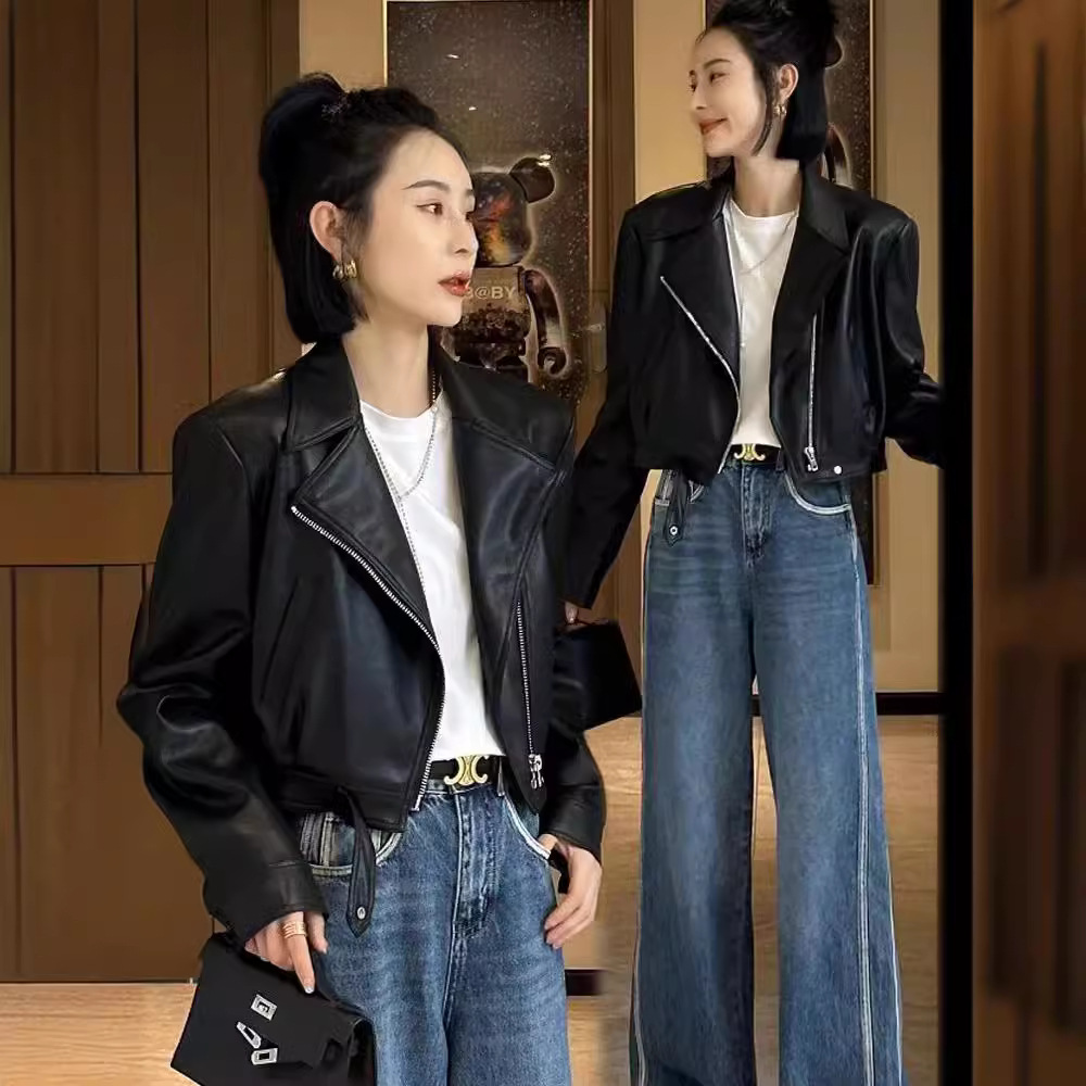 时尚翻领高级感水洗短款机车皮衣女早春2024新款轻熟宽松外搭上衣
