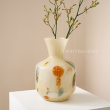 欣可北欧设计高级彩色琉璃奶黄色大口径手工中古风花瓶花器摆件