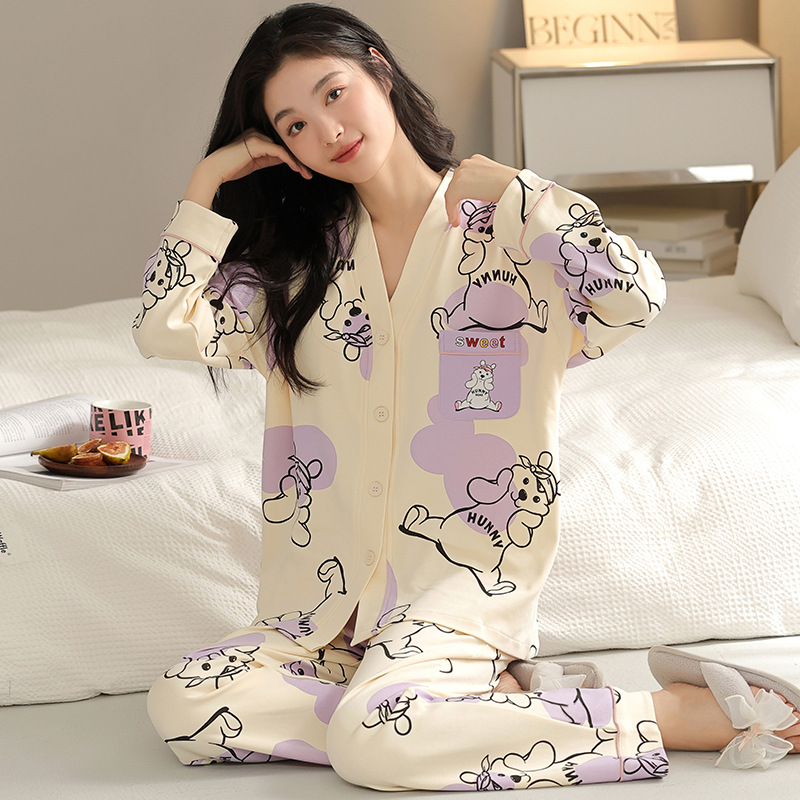 Pajamas Women's Autumn with Chest Pad Long Sleeve V-neck Japanese Kimono Cotton plus Size Loose Home Wear Cardigan Can Be Worn outside