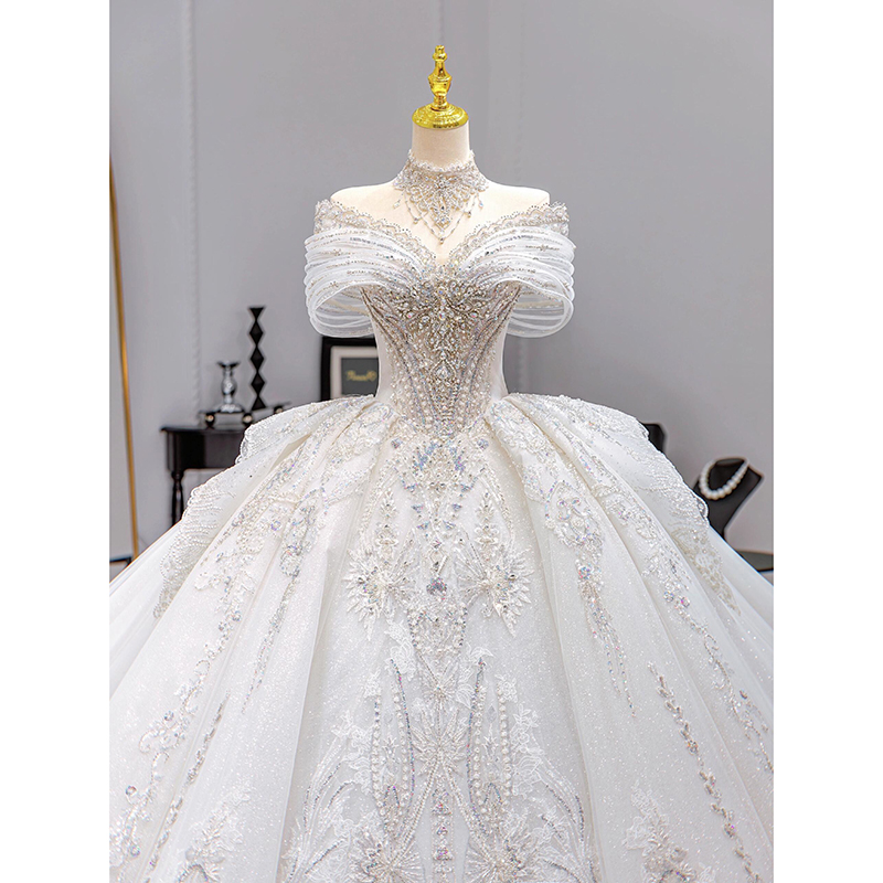 一字肩法式重工轻婚纱新娘2024新款高级质感小个子主纱奢华拖尾夏