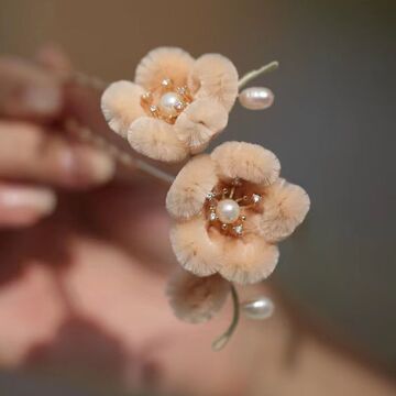 古风绒花发饰花朵点缀毛绒发钗u型绒花簪花u钗对夹发簪子头饰品