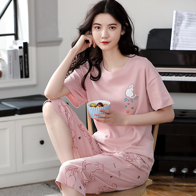 Korean Pajamas Women's Summer Cotton-like Short-Sleeved Cropped Pants Home Wear Summer Thin Casual Cute plus Size Suit