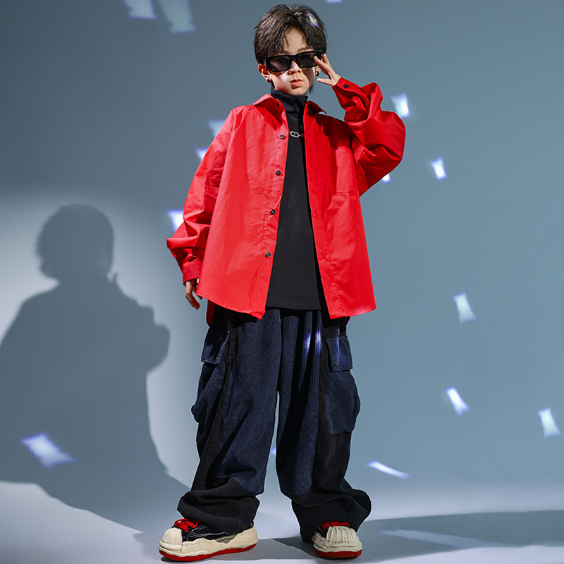 街舞儿童潮服嘻哈红色衬衫男童套装hiphop童装炸街演出服走秀秋女