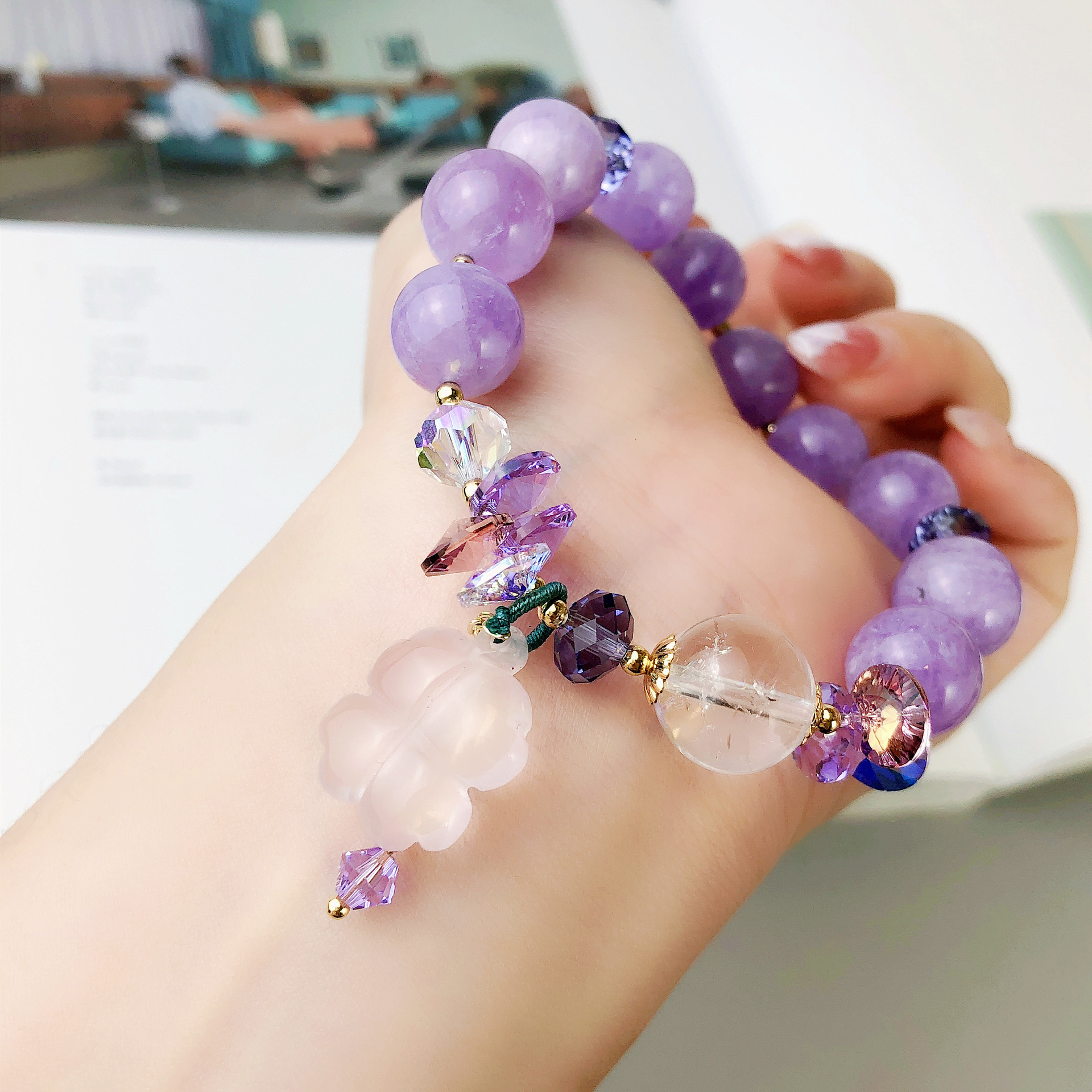 甜美气质薰衣草紫晶手链单圈白水晶粉晶四叶草奥地利水晶手串礼品