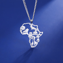 热销小众复古钛钢切割镂空动物地图吊坠长颈鹿狮子大象不锈钢项链