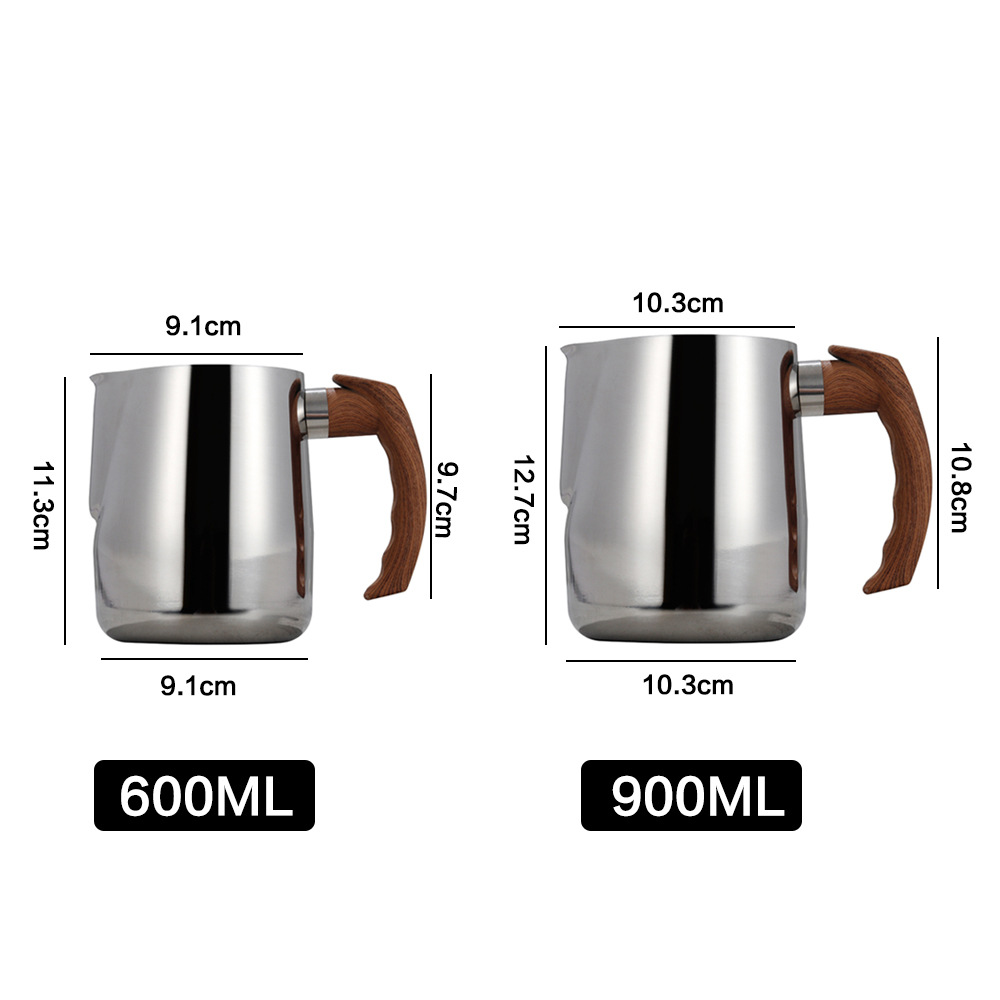 Hz482 Stainless Steel 304 Pointed Steam Pitcher Wood Grain Handle Scale Measuring Cup Coffee Frothing Pitcher Dozen Milk Frothing Cup