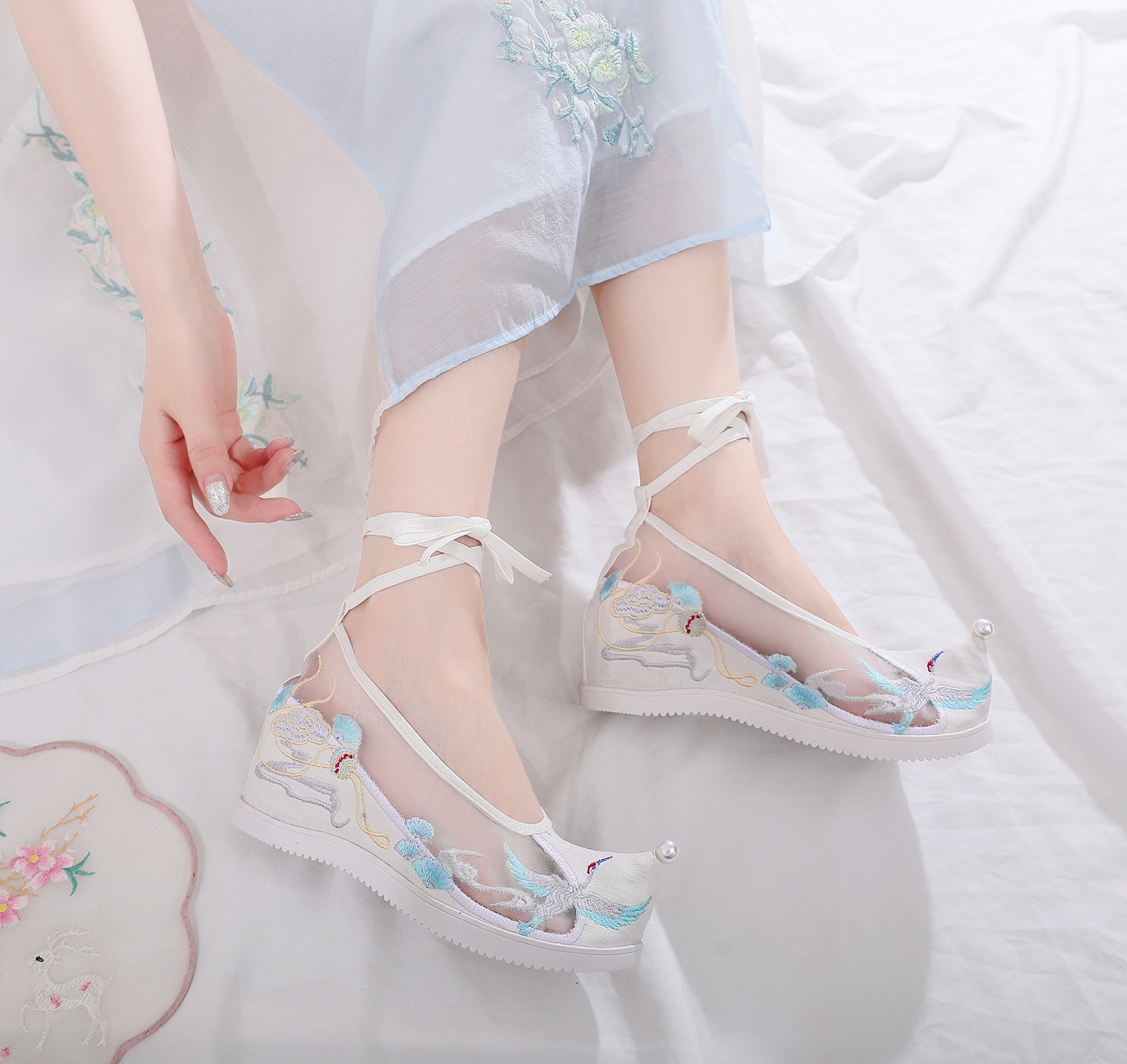 汉服鞋夏季网纱凉鞋古风鞋女绣花鞋增高中国风汉元素配鞋超仙女鞋