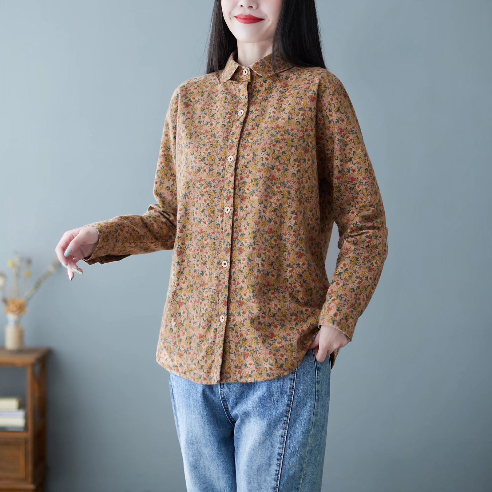 棉麻小镇百搭韩版碎花衬衫外套女长袖水晶超柔森系复古港味上衣