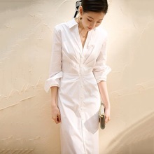 2306新款高级感气质女神范温柔风茶歇法式白色衬衫连衣裙修身显瘦