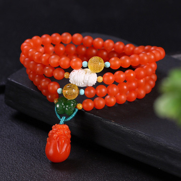 沁洛天然原矿保山南红佛珠手链108颗6.5mm柿子红磨砂南红原创手链