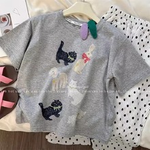 儿童卡通猫咪印花纯棉T恤夏季韩版男女宝宝短袖圆领可爱动物图案