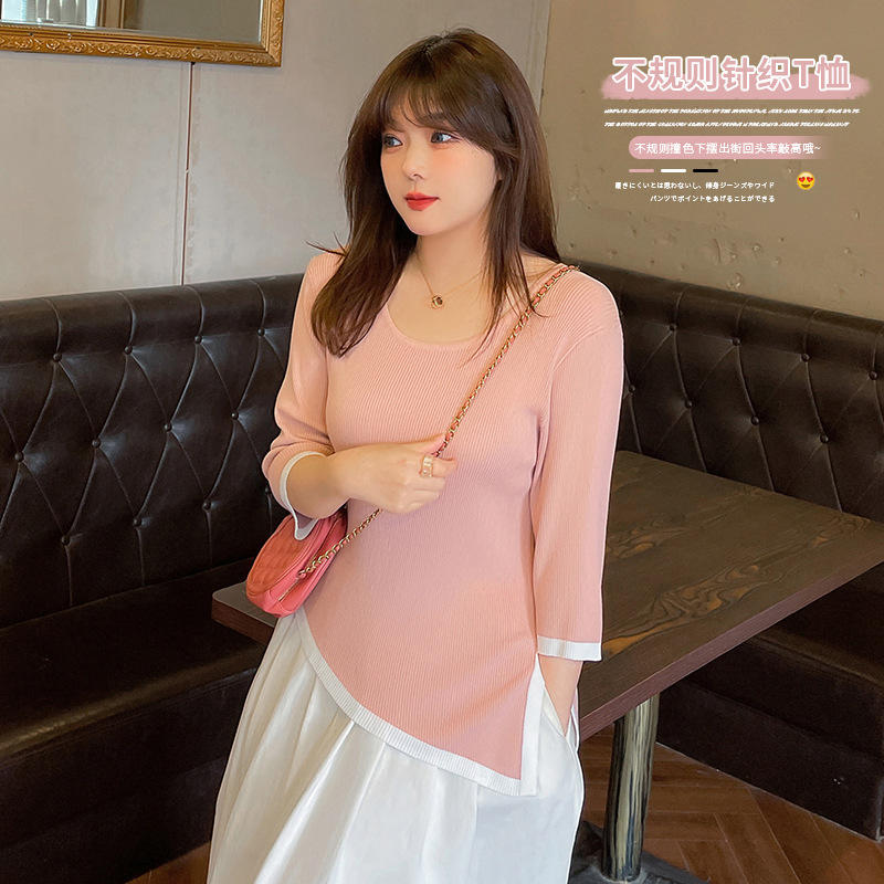 2022春季新款大码女装200斤胖mm不规则开衩撞色圆领针织衫120114