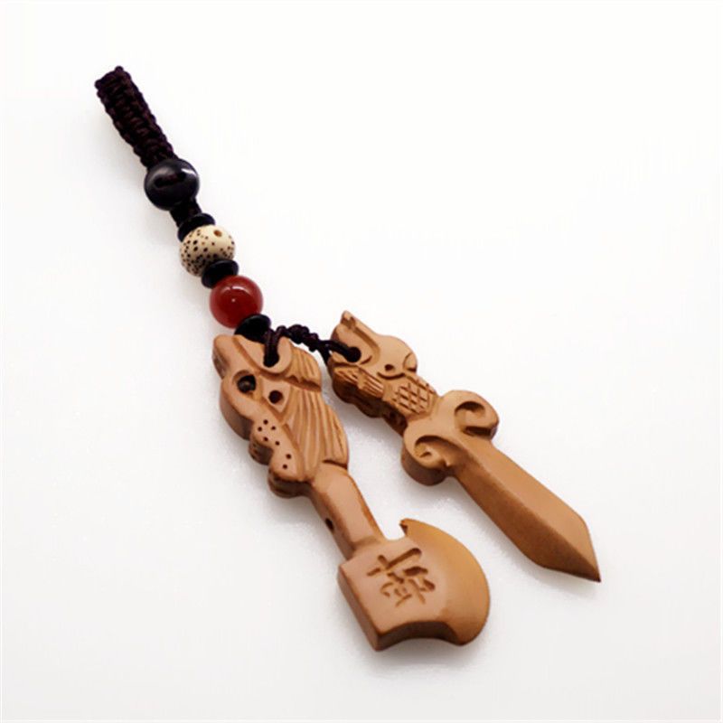 桃木剑钥匙扣桃木斧子钥匙扣五帝钱桃木剑挂件项坠随身小桃木剑无