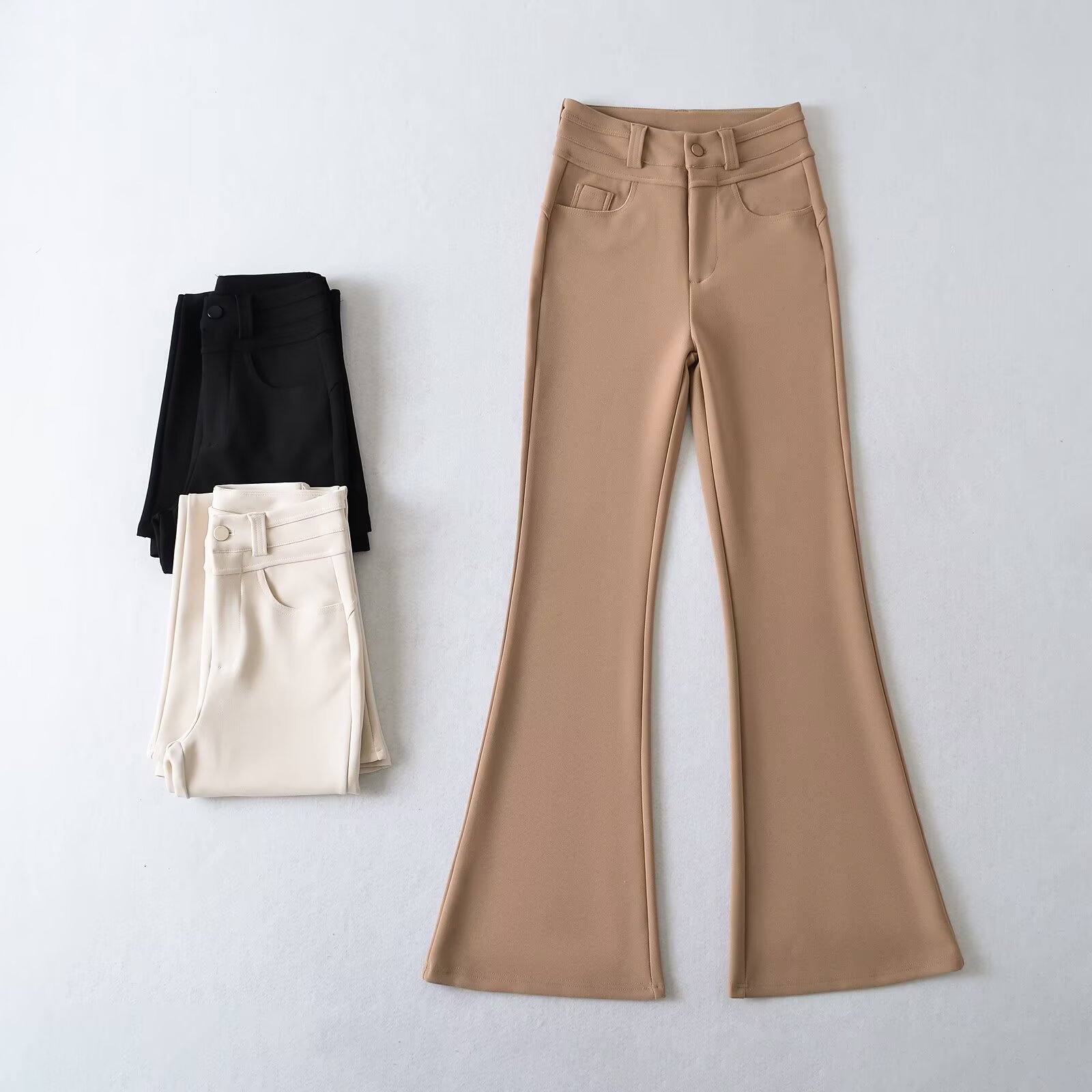 欧美风秋季高腰纯色弹力紧身休闲裤百搭显瘦长裤微喇叭裤