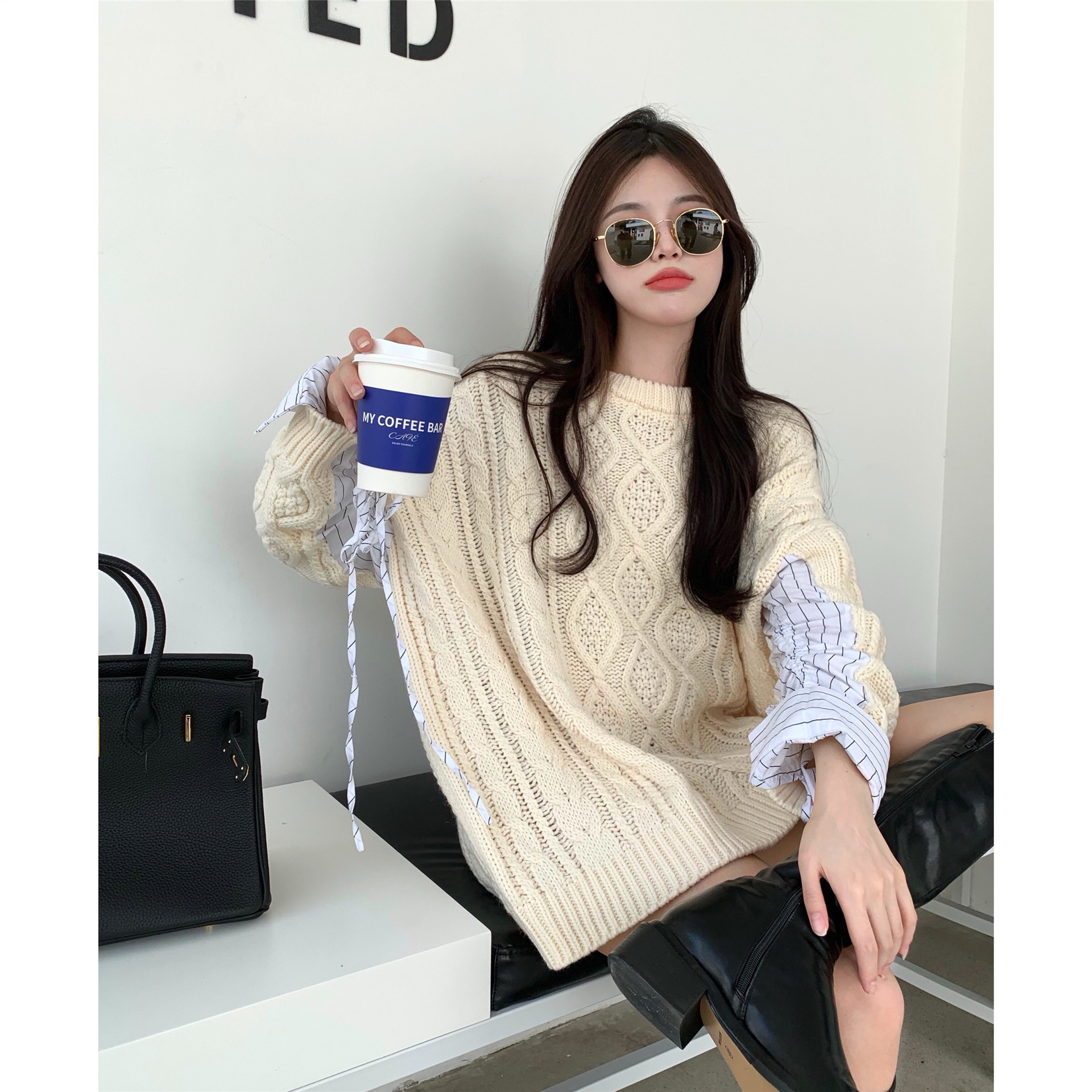 实拍重工设计感假两件拼接麻花宽松针织毛衣