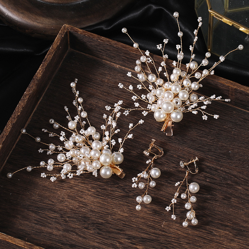 新款珍珠编织发夹欧美手工结婚头饰婚纱礼服盘发配饰新娘发饰品