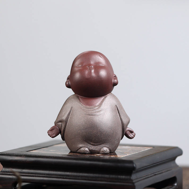 宜兴紫砂茶宠摆件阿蒙小和尚沙弥茶艺小弥勒佛创意人物茶道雕塑