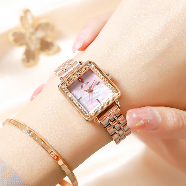 meibin美宾品牌女表新时尚女款方形简约贝母镶钻防水腕表直播热卖