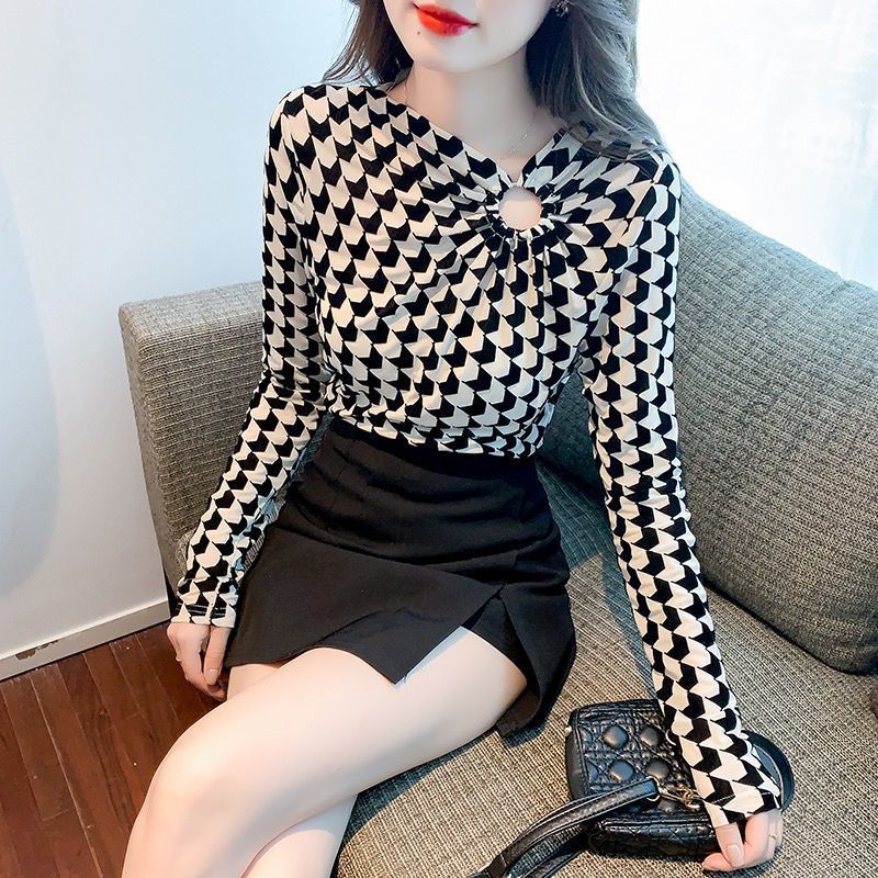 Fleece-Lined Sexy Mesh Bottoming Shirt Women's Autumn and Winter European Goods Fashion Houndstooth Top Skinny Inner Match Long-Sleeve T-shirt Trendy European