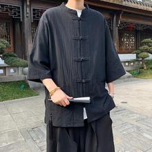 夏季新款中国风棉麻短袖衬衫男装中式亚麻唐装汉服盘扣五分袖上衣