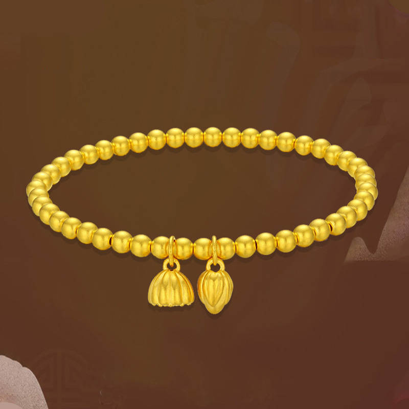 两世欢莲蓬黄金手链女999足金纯金福牌金珠转运珠手串古法金手镯