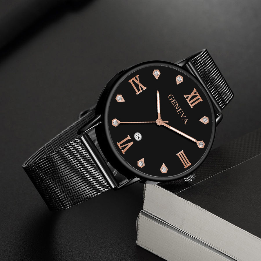 时尚镶钻刻度手表男士创意彩色指针合金网带商务日历石英腕表批发