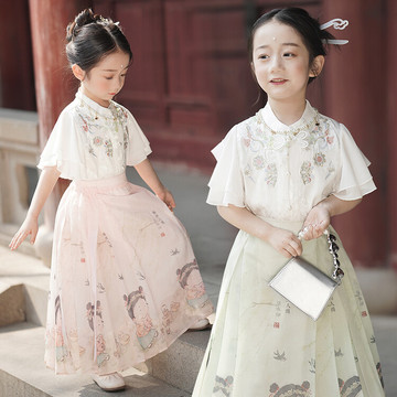 汉服女童夏款女童古风唐装套装民国风服装纱裙薄款儿童国庆演出服