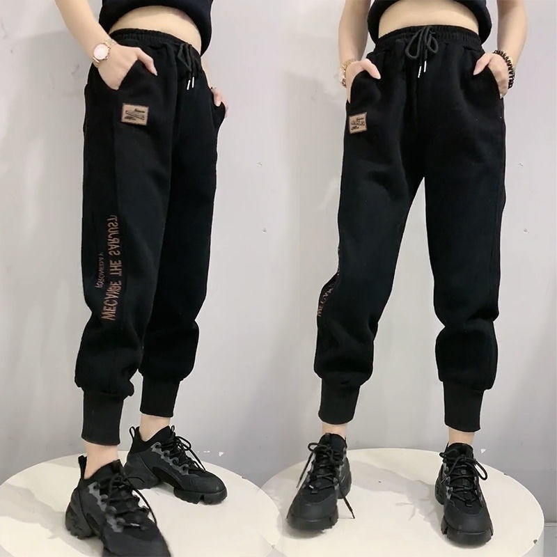 休闲裤女时尚潮流黑色裤子女冬季加绒加厚宽松显瘦卫裤束脚哈伦裤