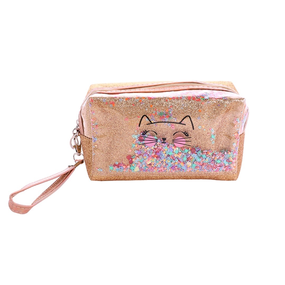 Cross-Border Cat Letter Printing Laser Cosmetic Bag Sequin Stitching PVC Quicksand Cosmetic Bag Logo Storage Bag