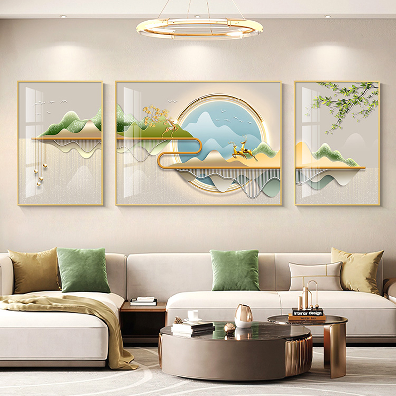福禄川行客厅装饰画现代轻奢大气山水画沙发背景墙挂画三联画壁画
