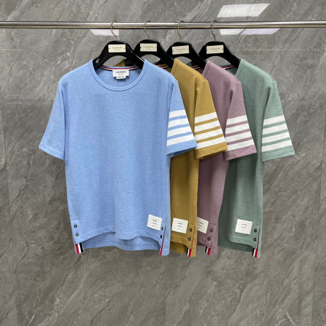 厂家直营 tb夏季新款珠地面料新配色色织四道杠条纹短袖t恤男女款