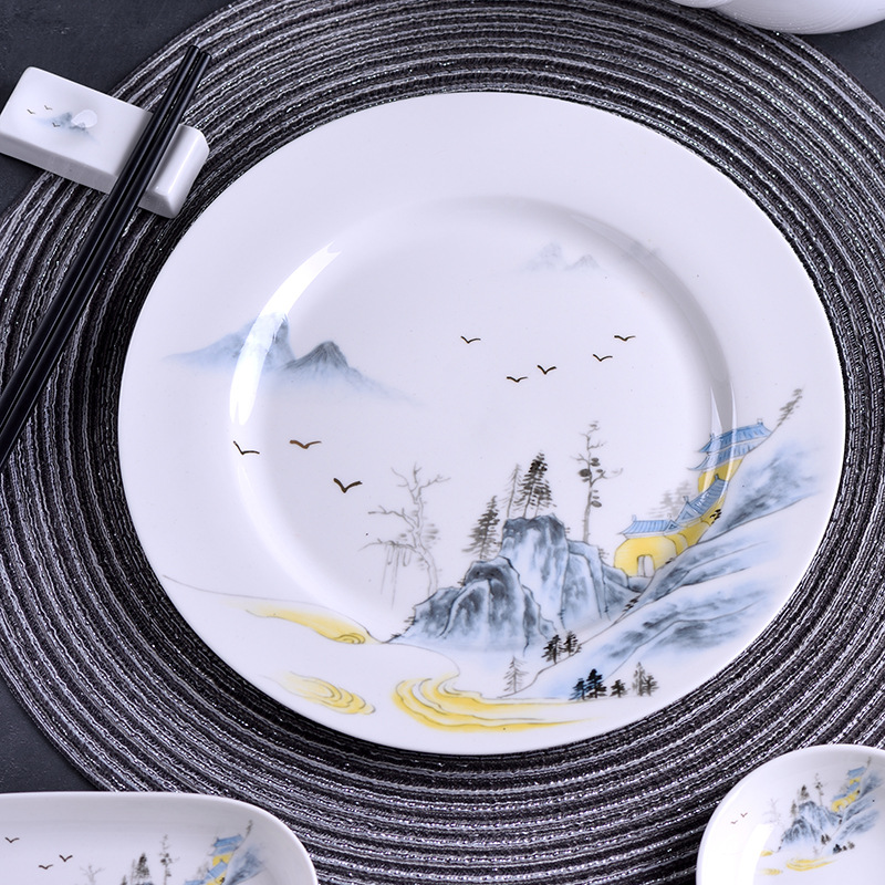 陶瓷摆台四件套中国风饭店山水画摆台酒店餐具套装骨碟翅碗汤勺杯