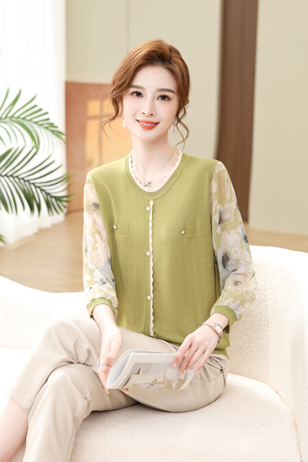 Mom's round Neck Yarn Sleeve Bottoming Shirt Spring and Summer New Western Style Knitted Top for Middle-Aged and Elderly Women Loose Thin T-shirt