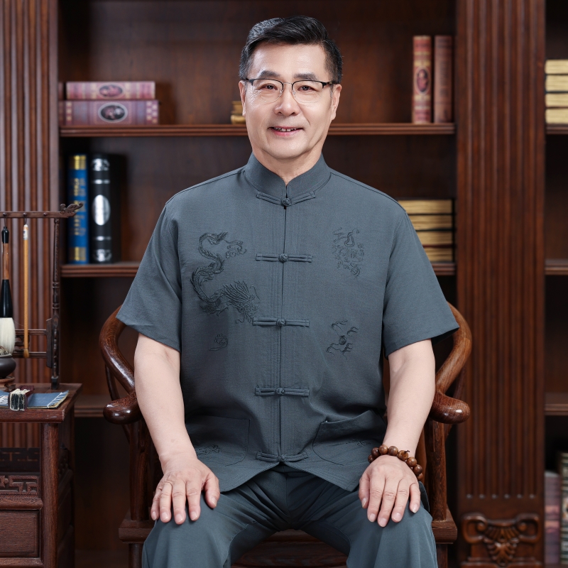 爸爸夏装唐装中老年人短袖衬衫男套装中国风休闲爷爷薄款棉麻衣服