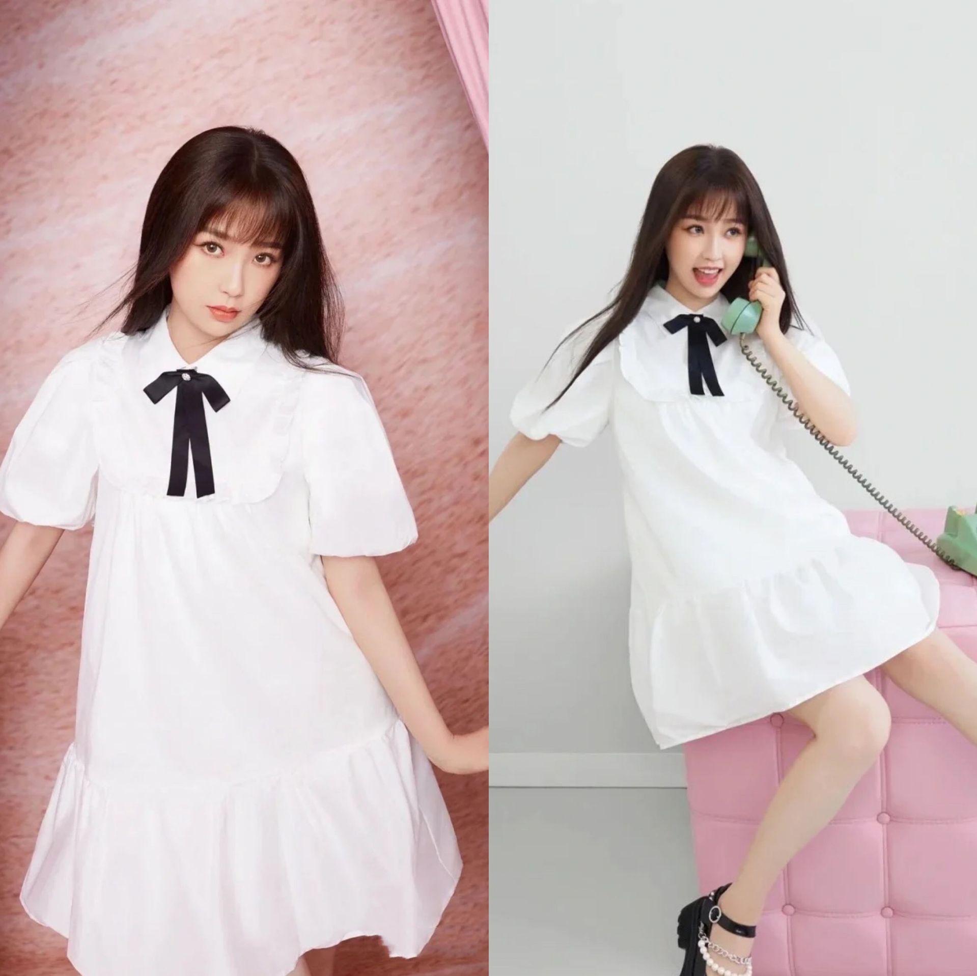 虞书欣同款2022夏季泡泡短袖衬衫连衣裙甜美小个子白色娃娃短裙女