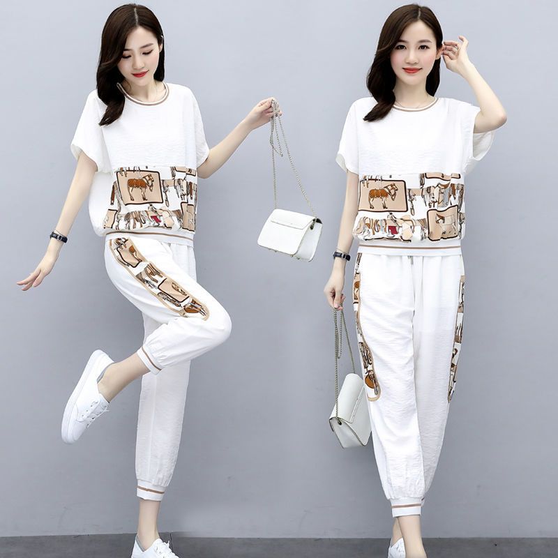 高棉时尚运动套装女大码女装夏季新款洋气宽松显瘦休闲短袖两件套