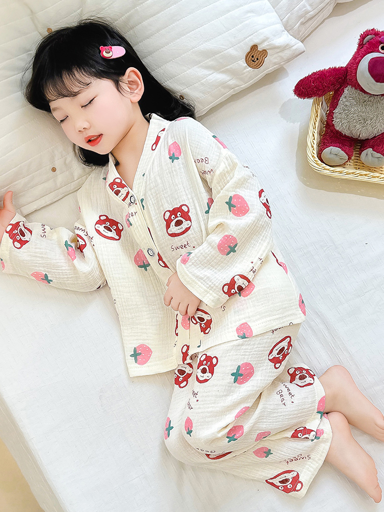女童睡衣套装2024新款春秋棉纱布开衫长袖中小童女宝宝休闲两件套