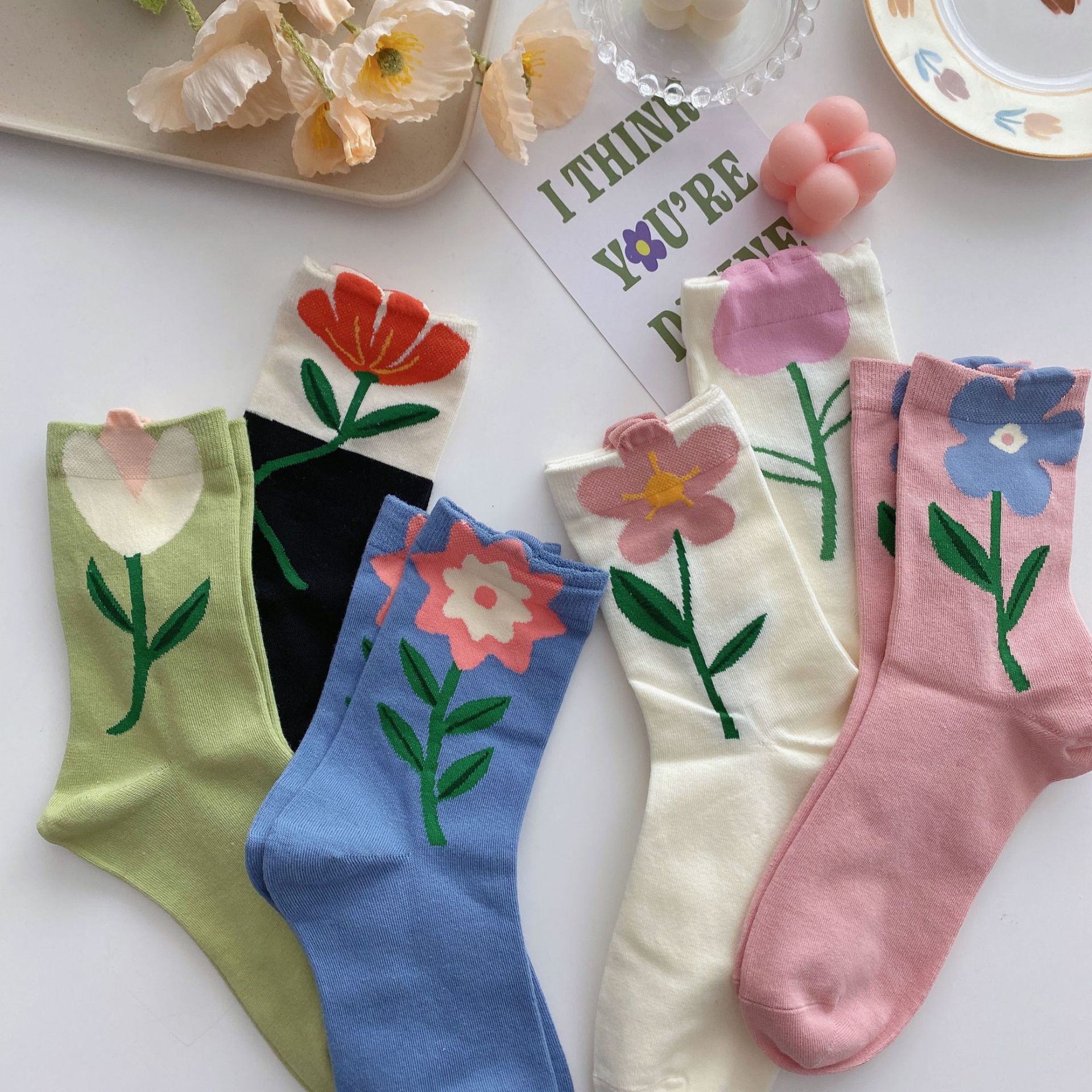立体花朵袜子女中筒袜ins潮纯棉夏季薄款日系可爱少女甜美长袜女
