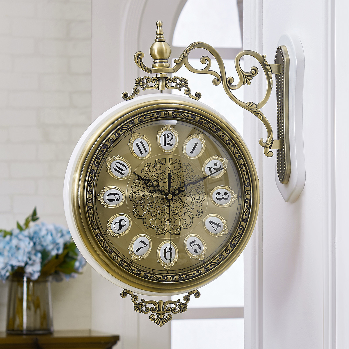 双面挂钟实木欧式