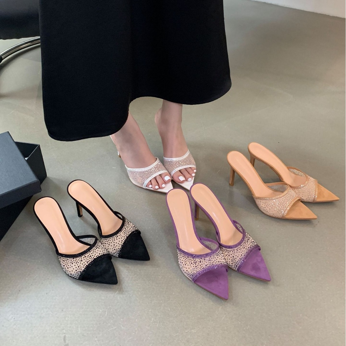 2024秋季新款水钻透气网纱细高跟尖头露趾宴会半拖女凉鞋-阿里巴巴