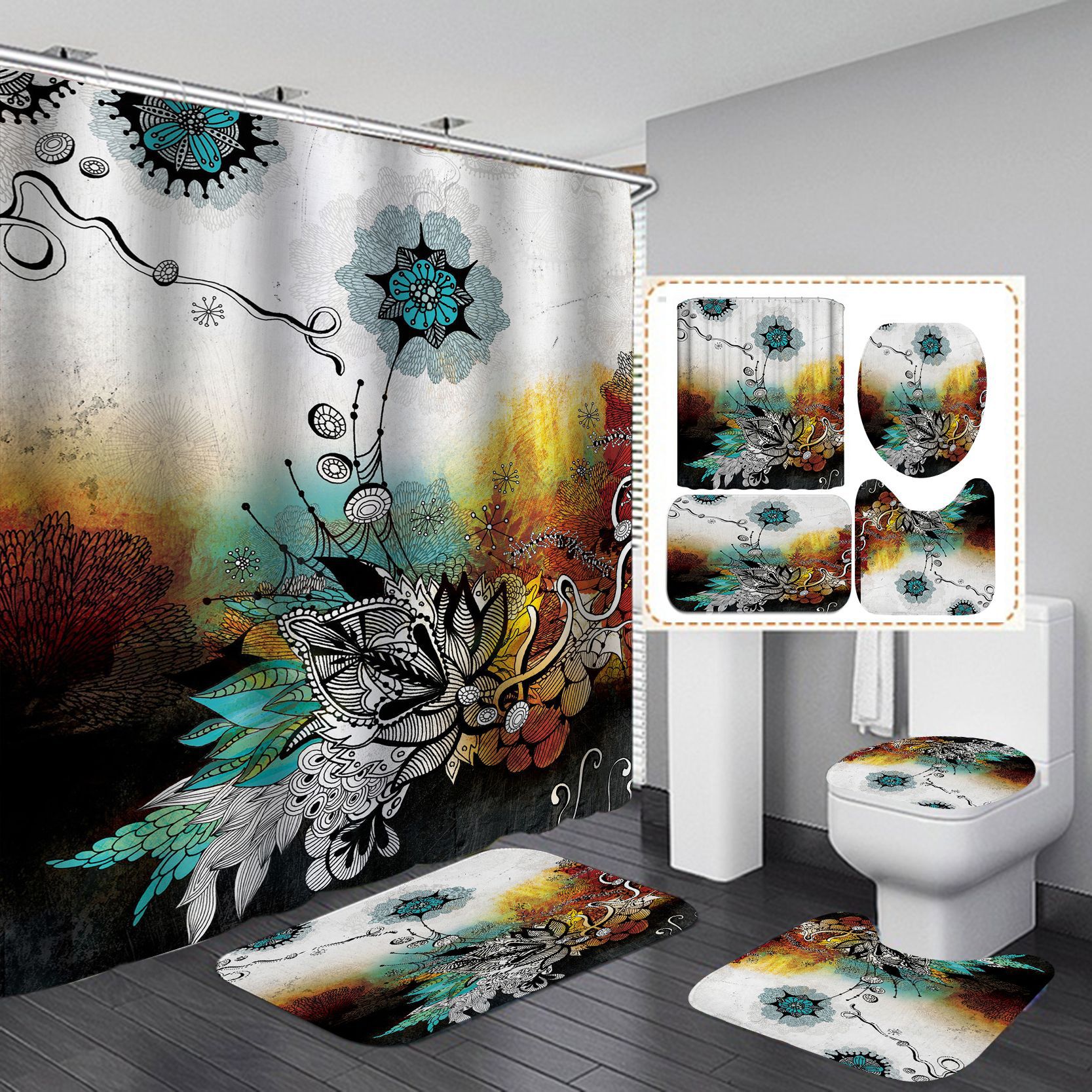 HD Digital Printing Shower Curtain Set Waterproof Punch-Free Partition Curtain Bath Curtain Hotel Toilet Rain Curtain