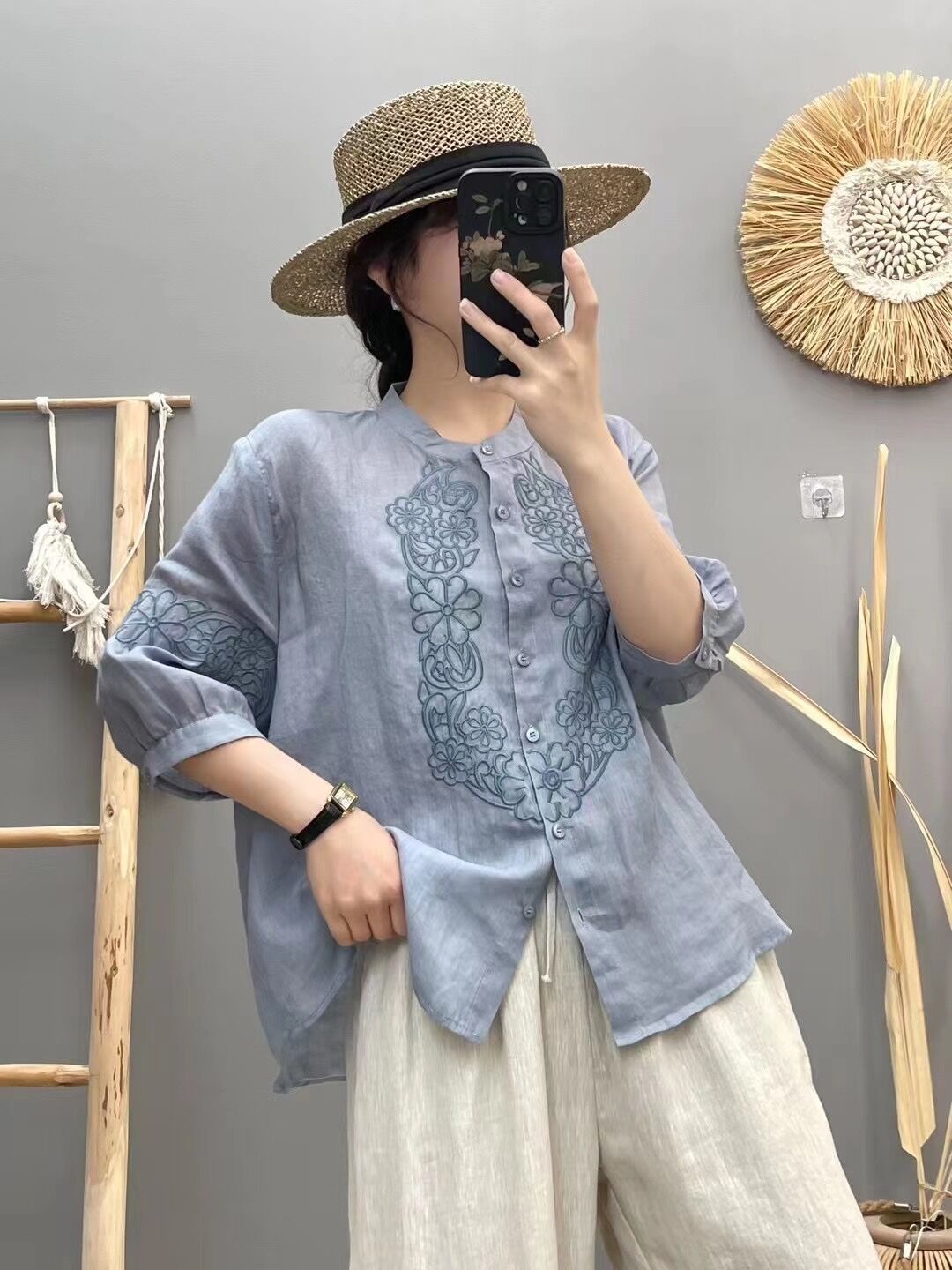 苎麻衬衫 2024夏季新款 蝶兰花重工刺绣上衣女立领单排扣衬衣8823