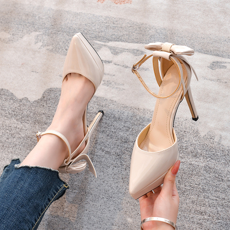 夏季绝美凉鞋少女蝴蝶结气质超高跟鞋细跟防水台中空浅口尖头鞋