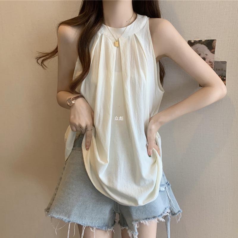 大码挂脖无袖衬衫夏季女中长款遮屁股天丝衬衣胖mm遮肚子雪纺上衣