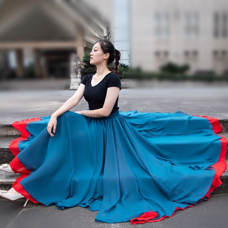 720度两面穿双层双面13米超大摆裙子雪纺半身裙新疆舞民族舞蹈裙