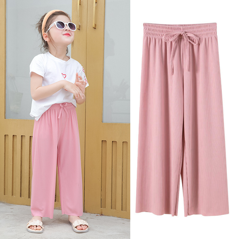 Girls' Anti-Mosquito Pants 2023 New Summer Thin Children's Pants Medium and Big Children Loose Casual Ice Silk Cropped Wide-Leg Pants